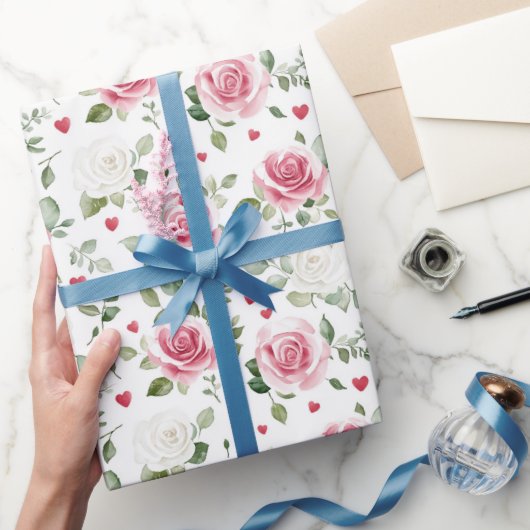 Bruiloftsfeest met rozen bloemhartjes cadeaupapier (Geschenken)