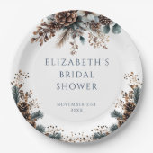 Bruiloftsfeest met rustieke bosbloemen en dennenap papieren bordje (Voorkant)