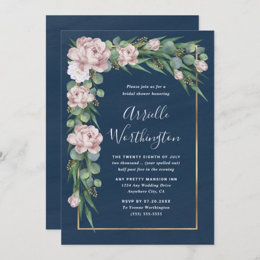 Bruiloftsfeest Navyblauw & Stof Roze Groen Kaart (Voorkant / Achterkant)