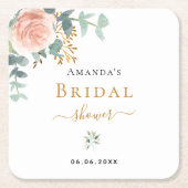 Bruiloftsfeest roze gouden bloemige eucalyptus ele vierkante kartonnen onderzetter (Voorkant)