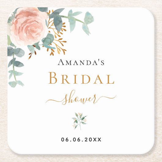 Bruiloftsfeest roze gouden bloemige eucalyptus ele vierkante kartonnen onderzetter (Voorkant)
