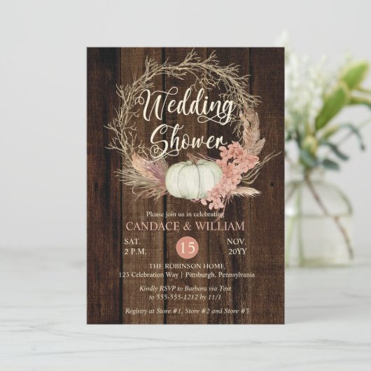 Bruiloftsfeest - Rustieke Pompoen Pampas Krans  Kaart (Staand voorkant)