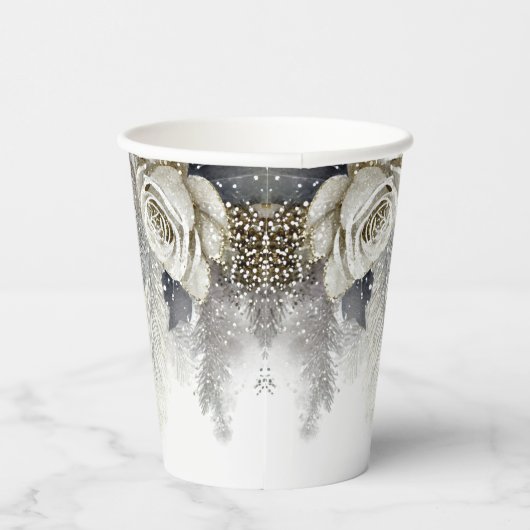 Bruiloftsfeest Waterverf Zilver Gouden Witte Rozen Papieren Bekers (Rechts)