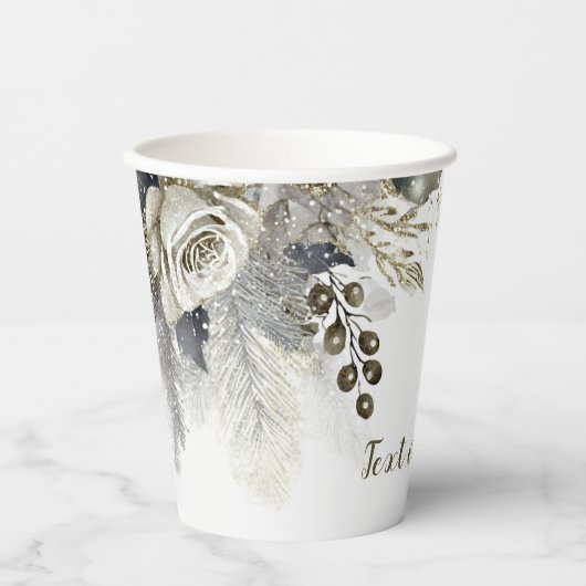Bruiloftsfeest Waterverf Zilver Gouden Witte Rozen Papieren Bekers (Voorkant)