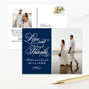 Bruiloftsfoto met 'Liefde en Dank' in marineblauw Briefkaart