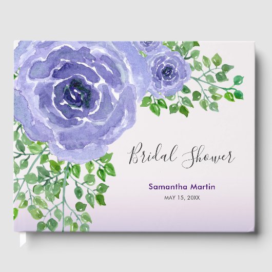 Bruiloftsfuif Paarse Bloemen & Groene Waterverf Gastenboek (Voorkant)