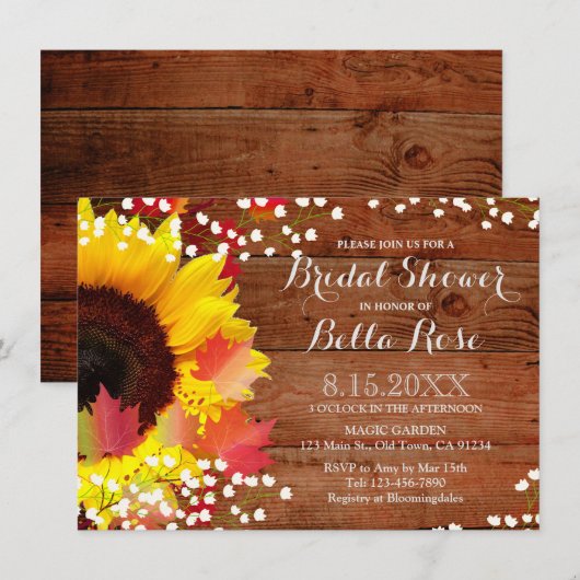 Bruiloftsinvatiekaart met rustieke zonnebloem kaart (Voorkant / Achterkant)