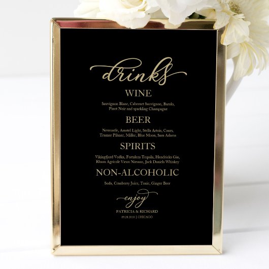 Bruiloftsmenu gouden script zwarte bruiloft bord poster