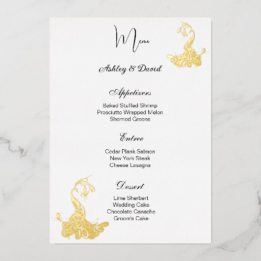 Bruiloftsmenu kaart met pauwenfolie (Voorkant)