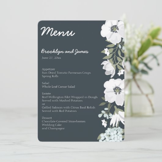 Bruiloftsmenu met witte bloemen menu (Staand voorkant)