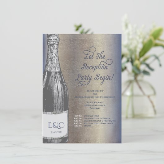 Bruiloftsontvangst uitnodiging champagnefles informatiekaartje (Staand voorkant)