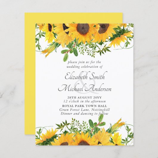 Bruiloftspapeterie Budget met Landelijke Zonnebloe (Voorkant / Achterkant)