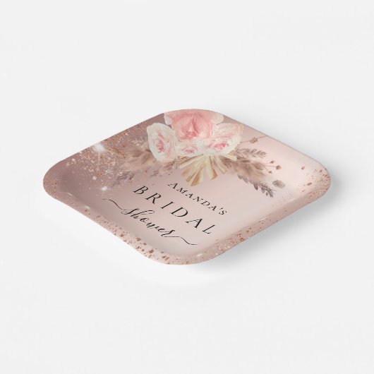 Bruiloftspartij pampagras roze goud bloem papieren bordje (Gebogen)