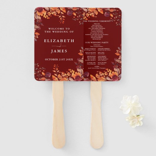 Bruiloftsprogramma in herfsttinten en burgundy met handwaaier (Voorkant en achterkant)