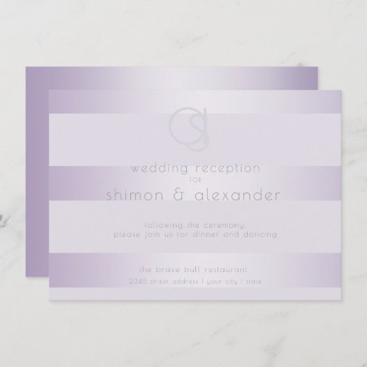 Bruiloftsreceptie | Monogram met Lilac glinsterend Informatiekaartje (Voorkant / Achterkant)