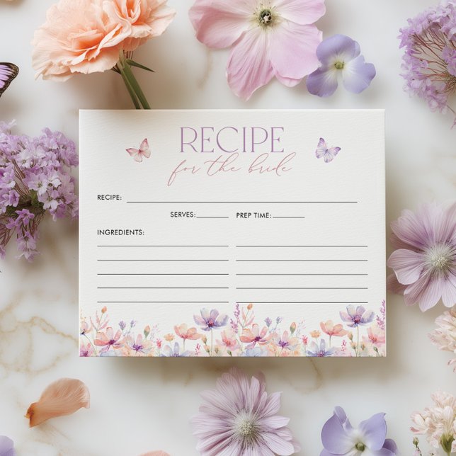 Bruiloftsreceptkaart 'Levenslang Vlinders' (Bridal Shower Recipe Card | Pastel wildflower butterfly theme | Here's to a lifetime of butterflies)