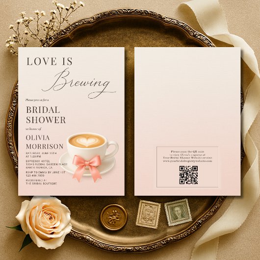 Bruiloftsshower 'Coffee Love is Brewing' QR-code Kaart