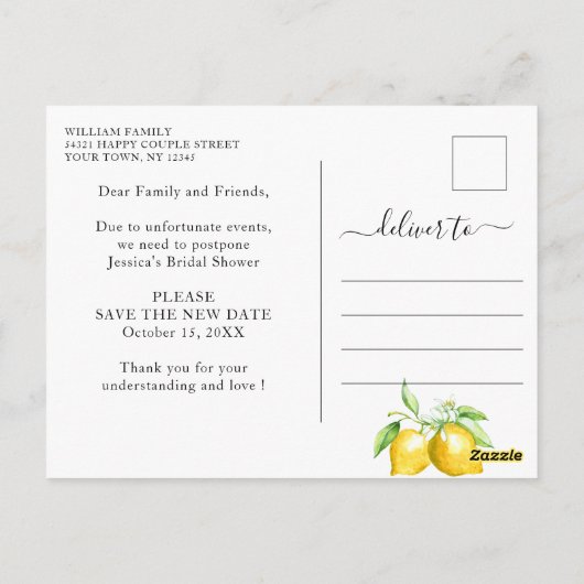 Bruiloftsshower Wijzig de Datum Citroenen Bloesem Briefkaart (Achterkant)