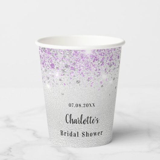 Bruiloftsshower zilver paarse glitters monogram papieren bekers (Achterkant)