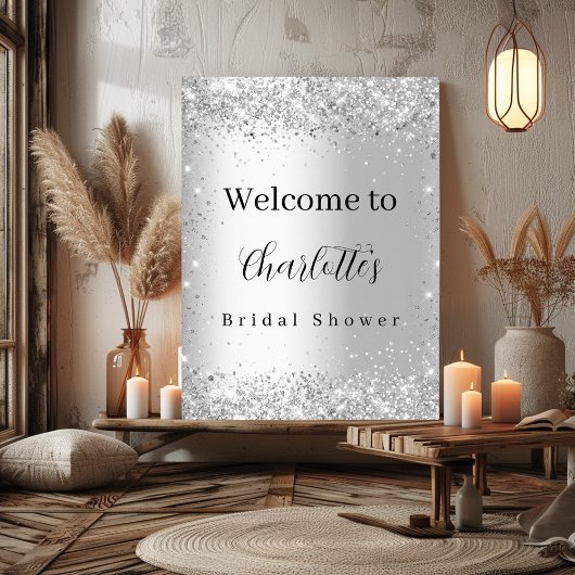 Bruiloftsshower zilveren glitters naam script welk poster