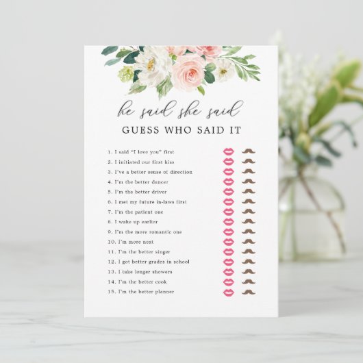 Bruiloftsspelkaarten met 'Hij zei, zij zei' in blo Kaart (Staand voorkant)