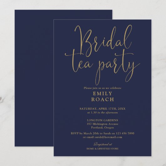 Bruiloftstheepartij in Navy Blauw met Gouden Schri Kaart (Voorkant / Achterkant)