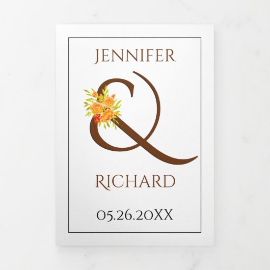 Bruin ampersand met oranje rozen herfst bruiloft drieluik uitnodiging (Cover)