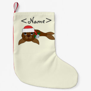 Bruin Baby zegel met Santa Hat en Silver Bell Kleine Kerstsok