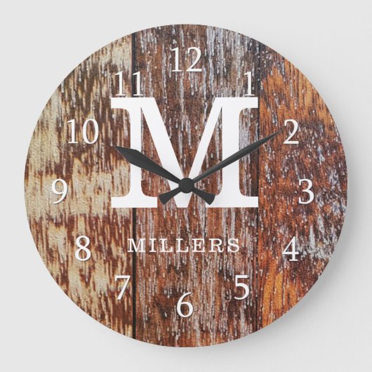 Bruin Barn Wood Farmhouse Monogram Grote Klok (Voorkant)