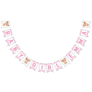 Bruin Beer Baby shower Bunting Flag (roze) Vlaggetjes