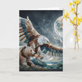 Bruin Beer en een Eagle Full Moon | Gefeliciteerd Kaart (Gele Bloem)