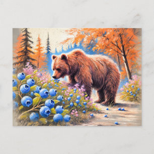 Bruin Beer met Bosbessen Pastel Chalk Art Briefkaart