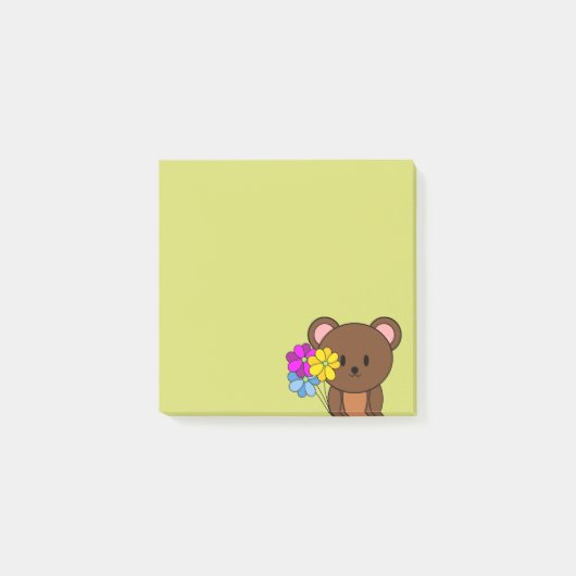 bruin Beer met een bundel bloemen Post-it® Notes (Voorkant)