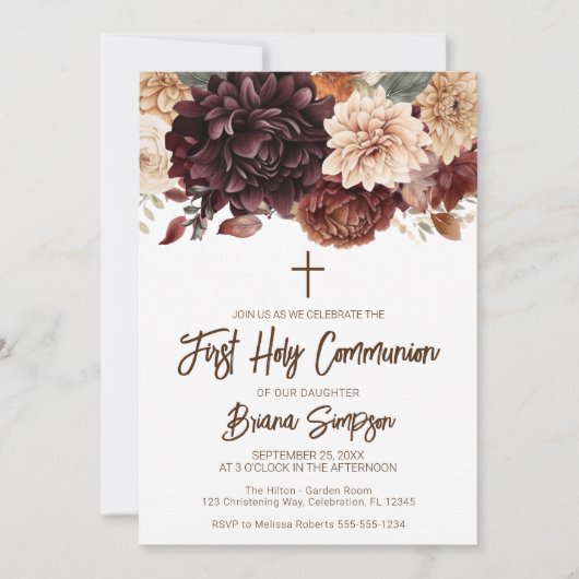 Bruin Beige Bloemen Bloemen Eerste Heilige Communi Kaart (Voorkant)