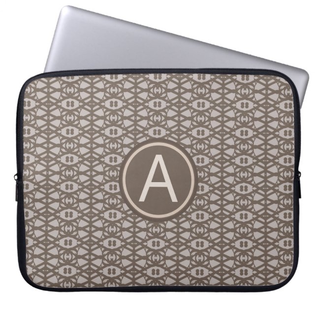 Bruin-beige diamantpatroon en monogram laptop sleeve (Voorkant)