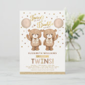Bruin Beige Teddy Bear Balloon Twin Baby shower Kaart (Staand voorkant)