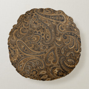 Bruin, Beige & Zwart Bloemen Paisley Patroon Rond Kussen