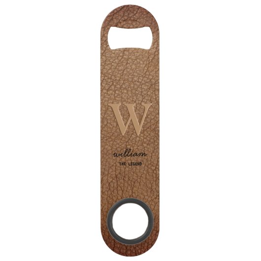 Bruin bijtend leder Monogram stijlvol schrift Speed Flessenopener (Voorkant)