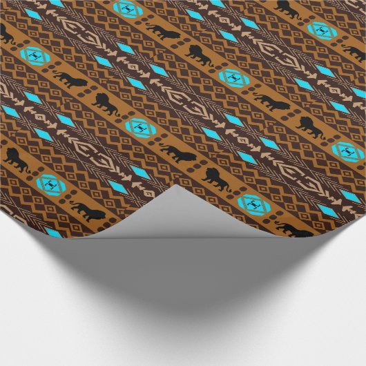 Bruin blauw en beige Afrikaans patroon & leeuwen Cadeaupapier (Hoek)