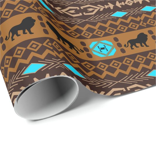 Bruin blauw en beige Afrikaans patroon & leeuwen Cadeaupapier (Rol Hoek)