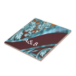 Bruin & blauw floraal damast patroon tegeltje