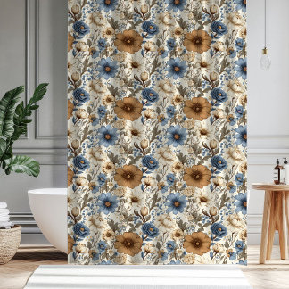 Bruin Blauwe Bloemige Boheemse Poeder Blauwe Gordi Douchegordijn