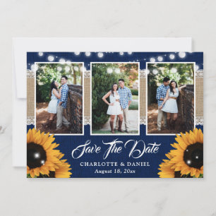 Bruin blauwe jute kant zonnebloem trouwfoto save the date