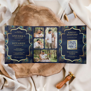 Bruin Blauwe Pauwveren QR Code Trouwen Drieluik Uitnodiging