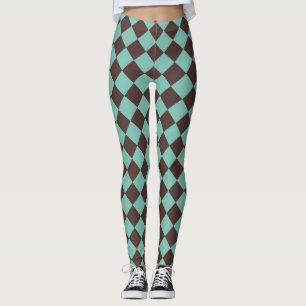 Bruin Blauwgroen Checker Diamantpatroon Leggings