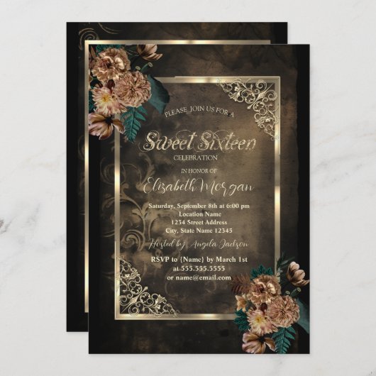 Bruin Bloemen Goud Lijst Gotisch Zoet 16 Kaart (Voorkant / Achterkant)