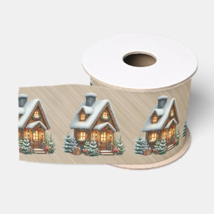 Bruin Blokhut Kerst Scene Grosgrain Lint
