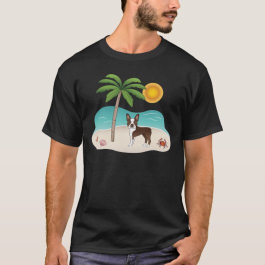 Bruin Boston Terrier bij een tropisch zomerstrand T-shirt (Voorkant)