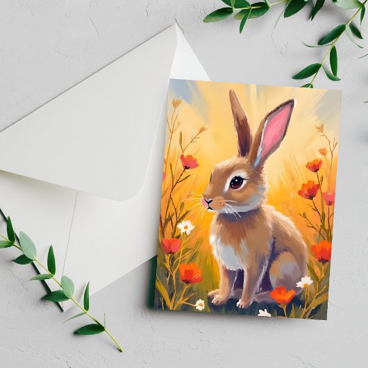 Bruin Bunny Bloemenveld Dierenschilderkunst Briefkaart
