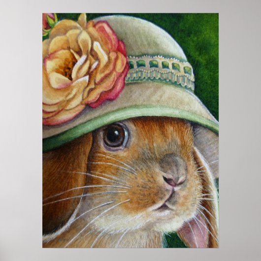 Bruin Bunny Rabbit in Spring Bonnet Art 18x24 Poster (Voorkant)